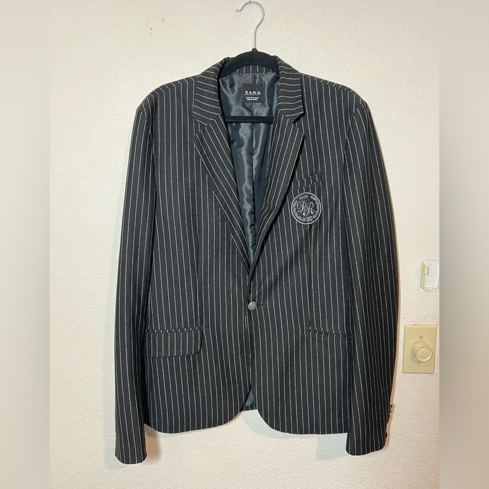 Women’s Zara black and grey pinstriped one button blazer Wednesday Adams vibe